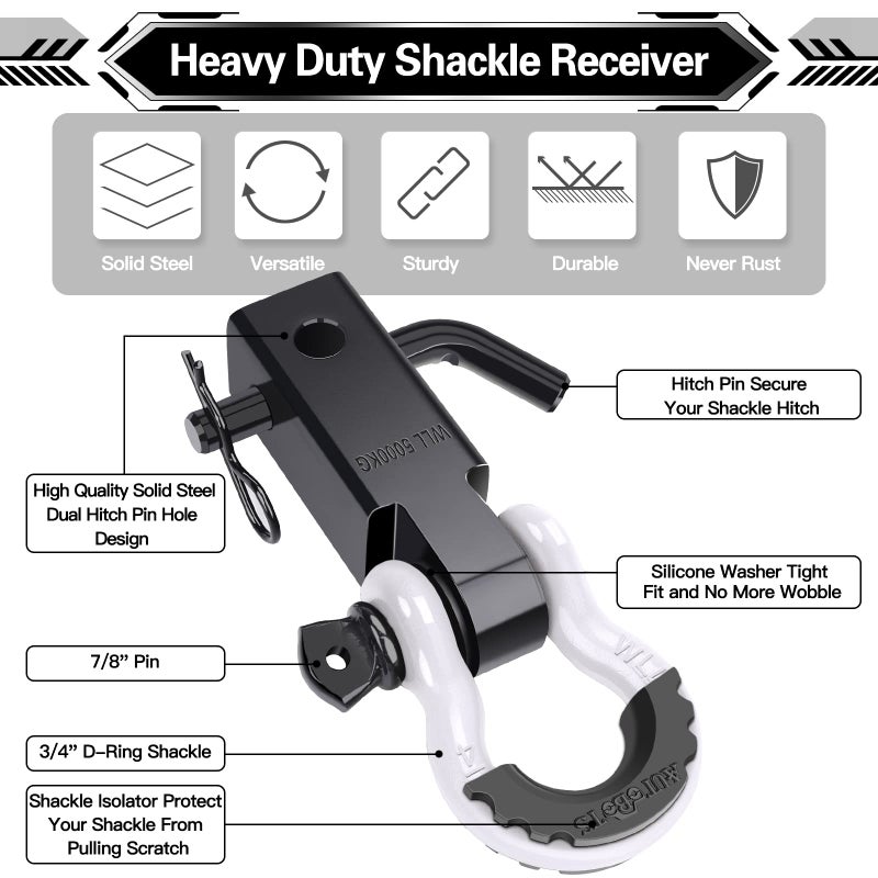AUTOBOTS Shackle Hitch Receiver 2", 45,000 Lbs Break Strength Heavy Duty Receiver with 5/8" Screw Pin, 3/4" D Ring Shackles, Towing Accessories for Vehicle Recovery Off-Road, White&Black - Image 2